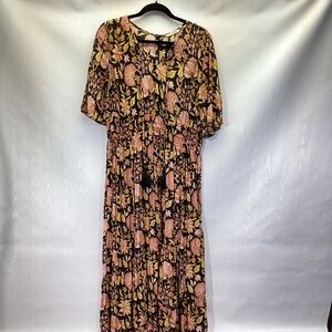 Soft Surroundings Marissa Floral Maxi Dress Black Gold Boho Tassel Size 16 NWOT